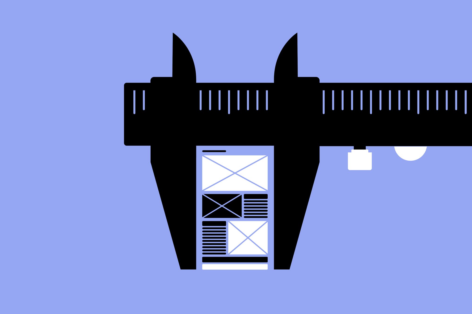 A graphic illustration of an article layout being measured by calipers