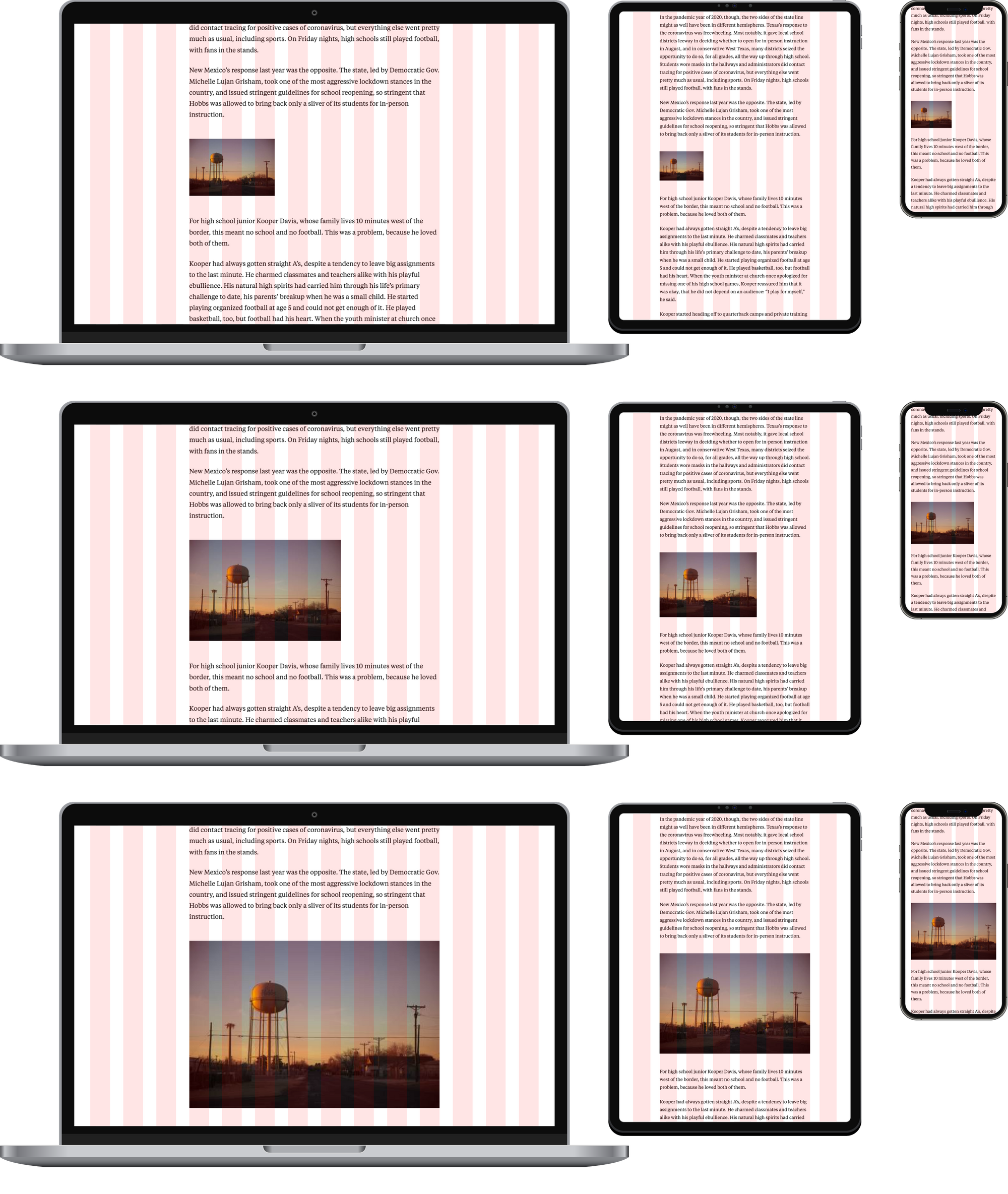 Three sets of laptop, tablet and smartphone, each displaying different sizes of an image on an article layout grid